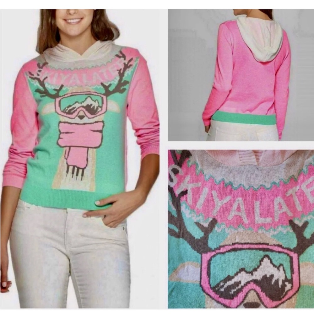 Holiday Sweater Juniors Pink Hooded “Skiyalater” Pullover Sweater